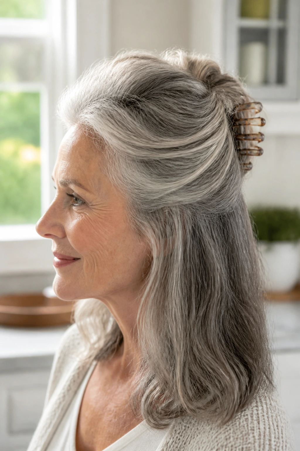 Half-up claw-clip twist on a real woman with top half pinned and bottom hair loose