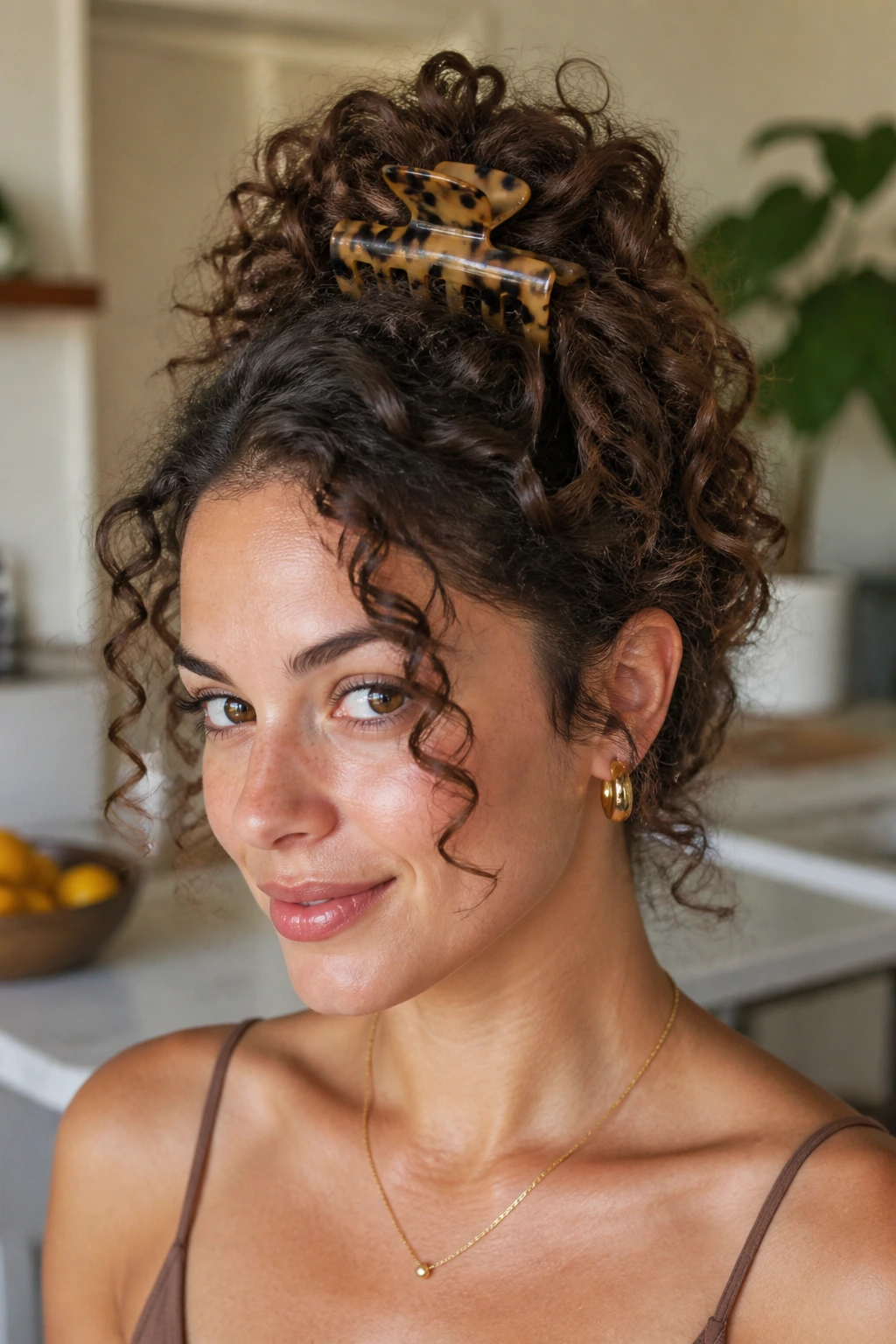 Close-up portrait of a real woman with a claw-clip twist updo in a bright kitchen