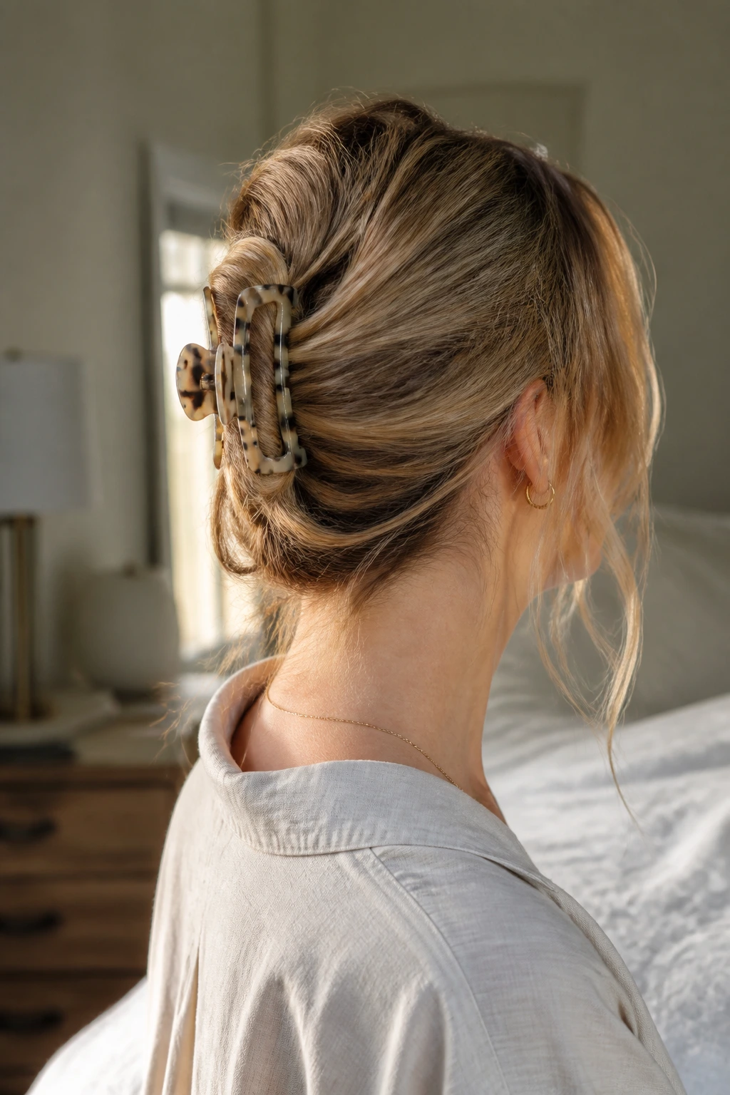 Close-up of a real woman with a back twist secured by a claw clip