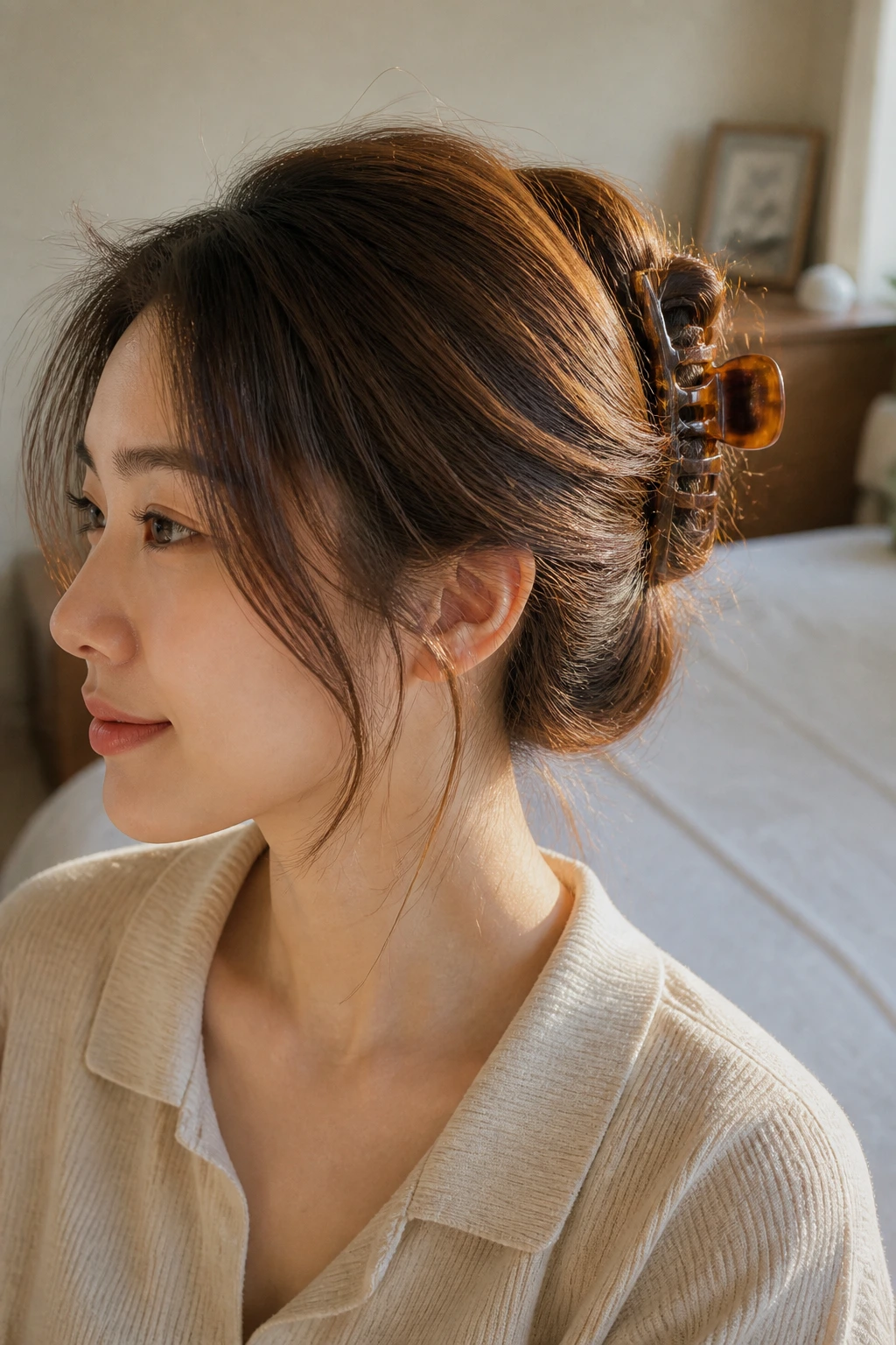 Real woman with claw-clip twist hairstyle and pillow-soft volume