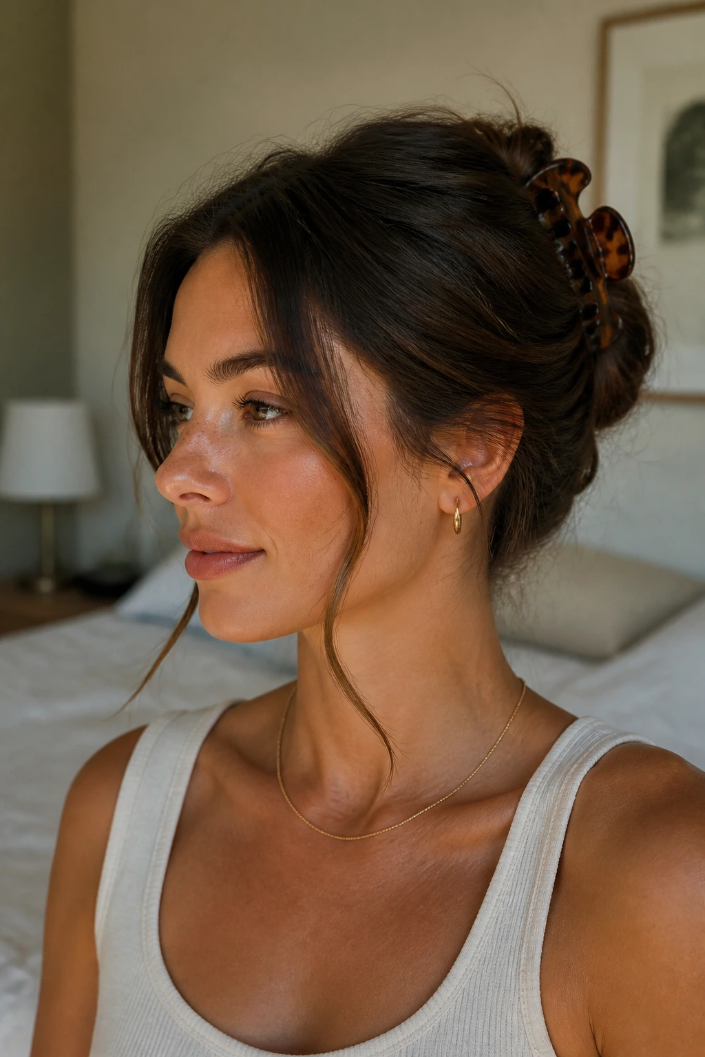 Close-up portrait of a person with a claw-clip updo and a loose front strand