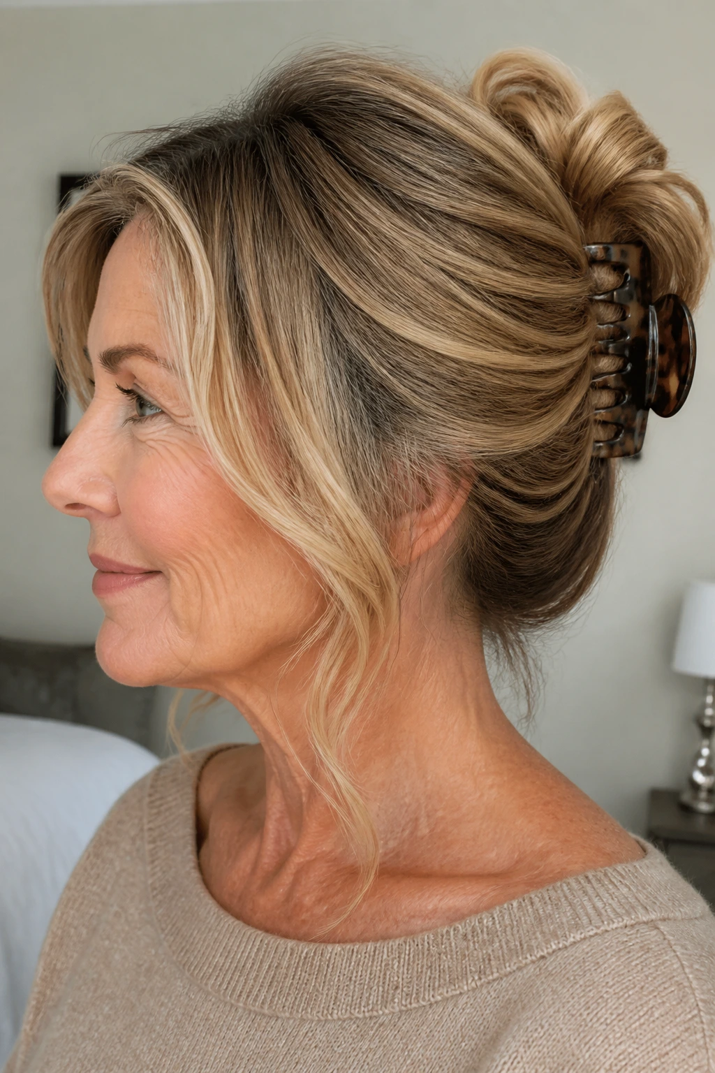 Real woman with a claw-clip updo in bronde-blonde tones.