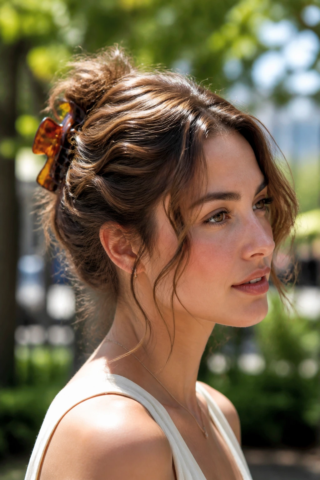 Close-up of an oval-faced woman with a claw-clip sweep and soft tendrils.