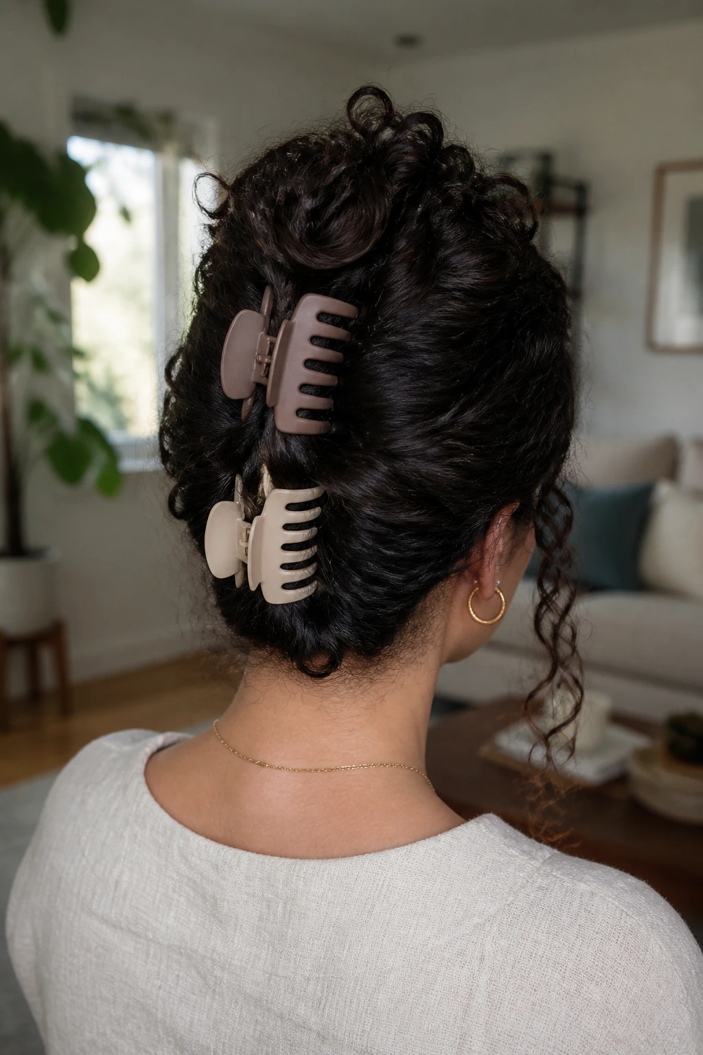 Back view of a real woman showing stacked claw clips in thick curls.