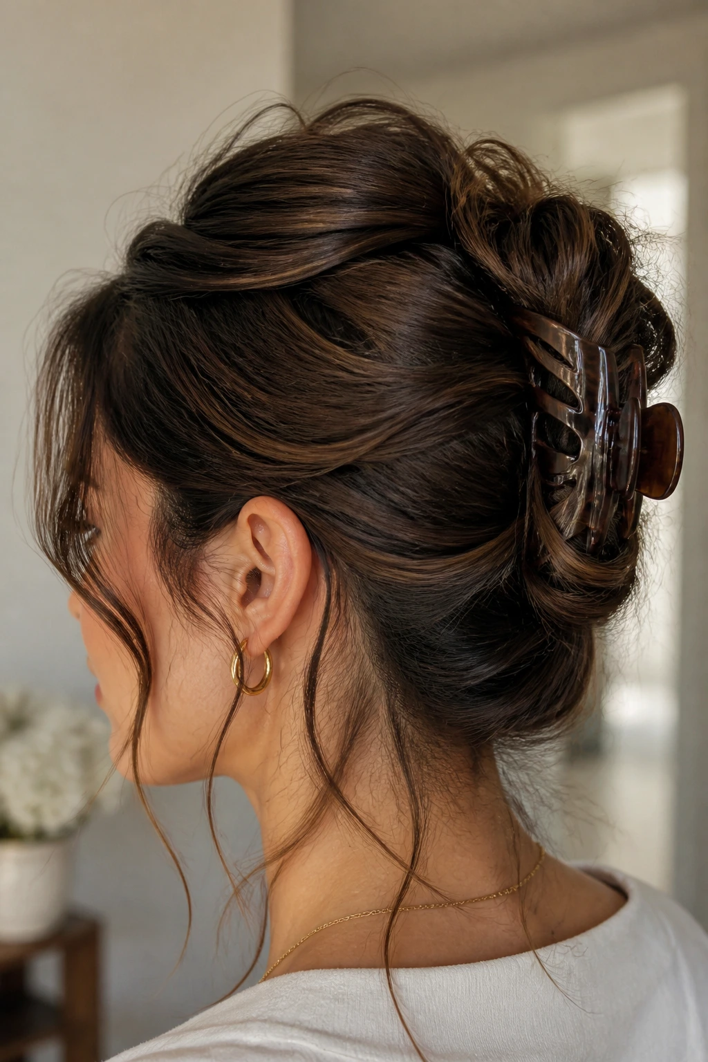 Portrait of a woman wearing a claw-clip French twist with lift at the crown.