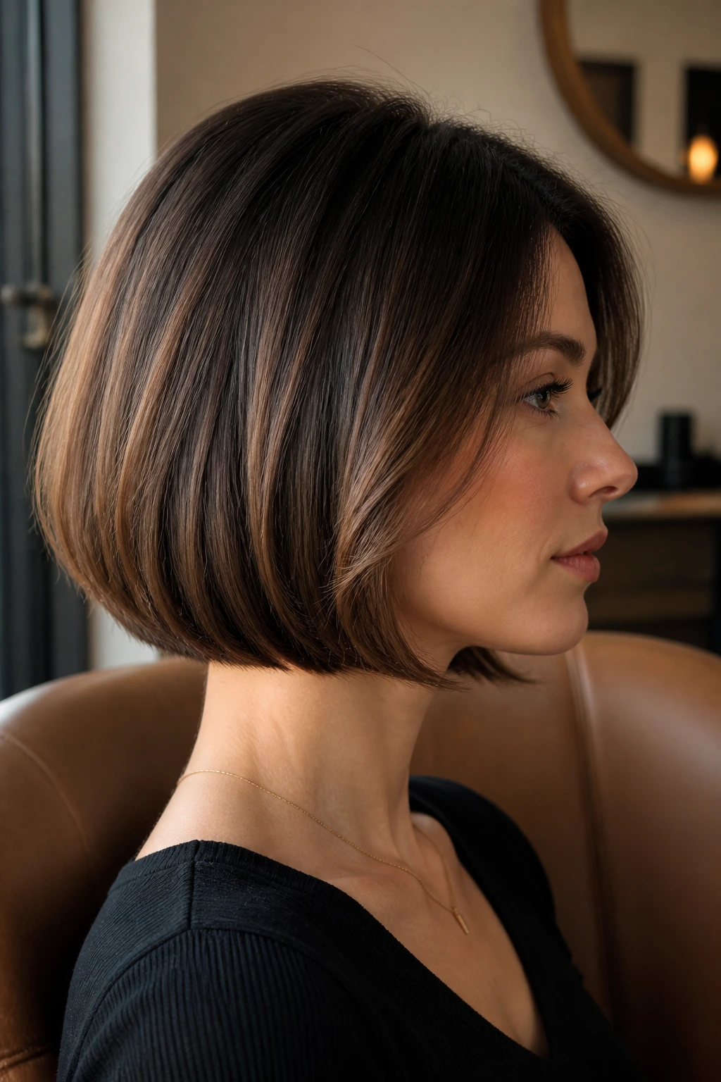 Profile of a real woman with a clean perimeter bob and subtle inner layering in a salon setting