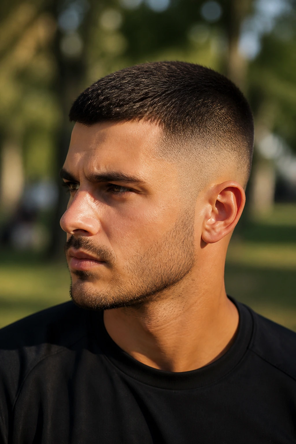 Close-up of a man with a clean taper fade and longer top in warm outdoor light