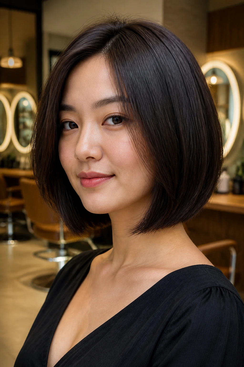 Close-up of a real Asian woman with a crisp, clean lob in a modern salon.