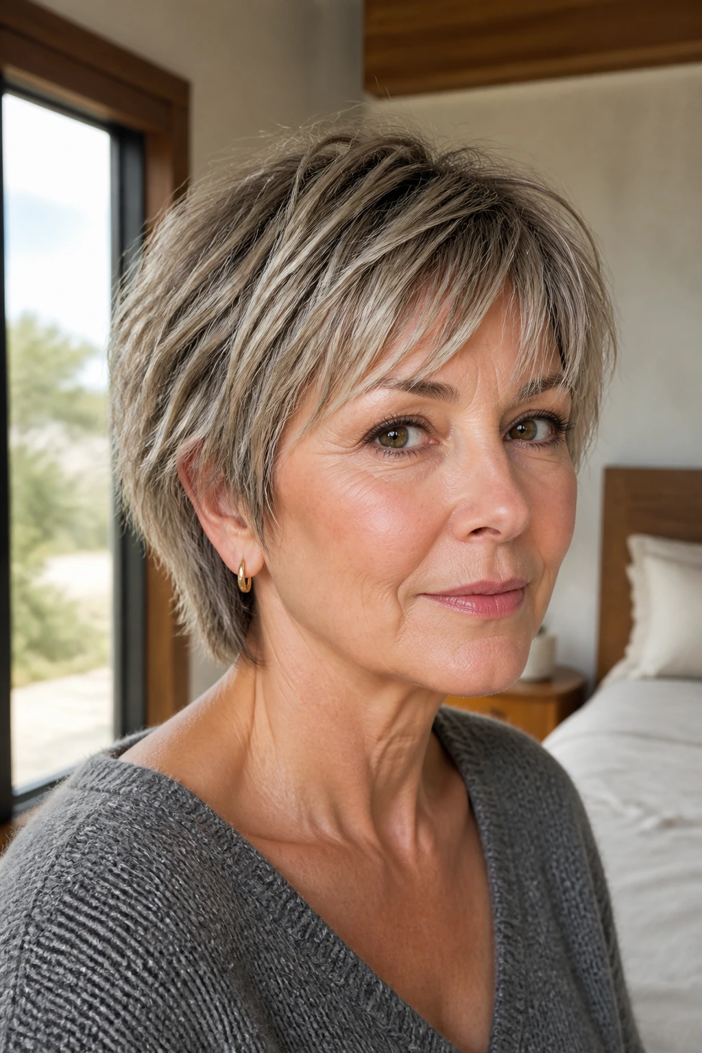Close-up of a woman with clean-line shag and choppy ends.