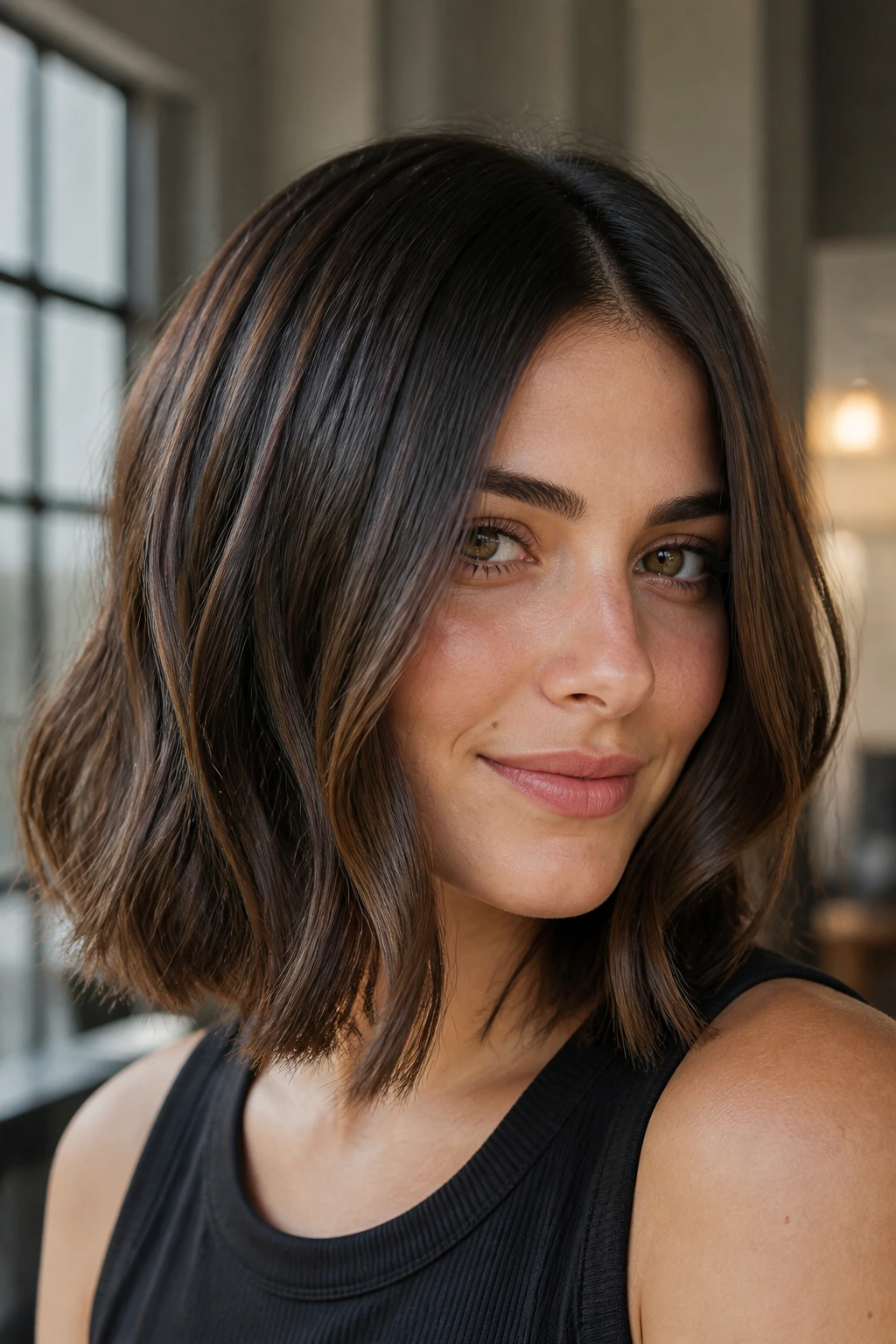 Portrait of person with blunt lob and soft bend hairstyle