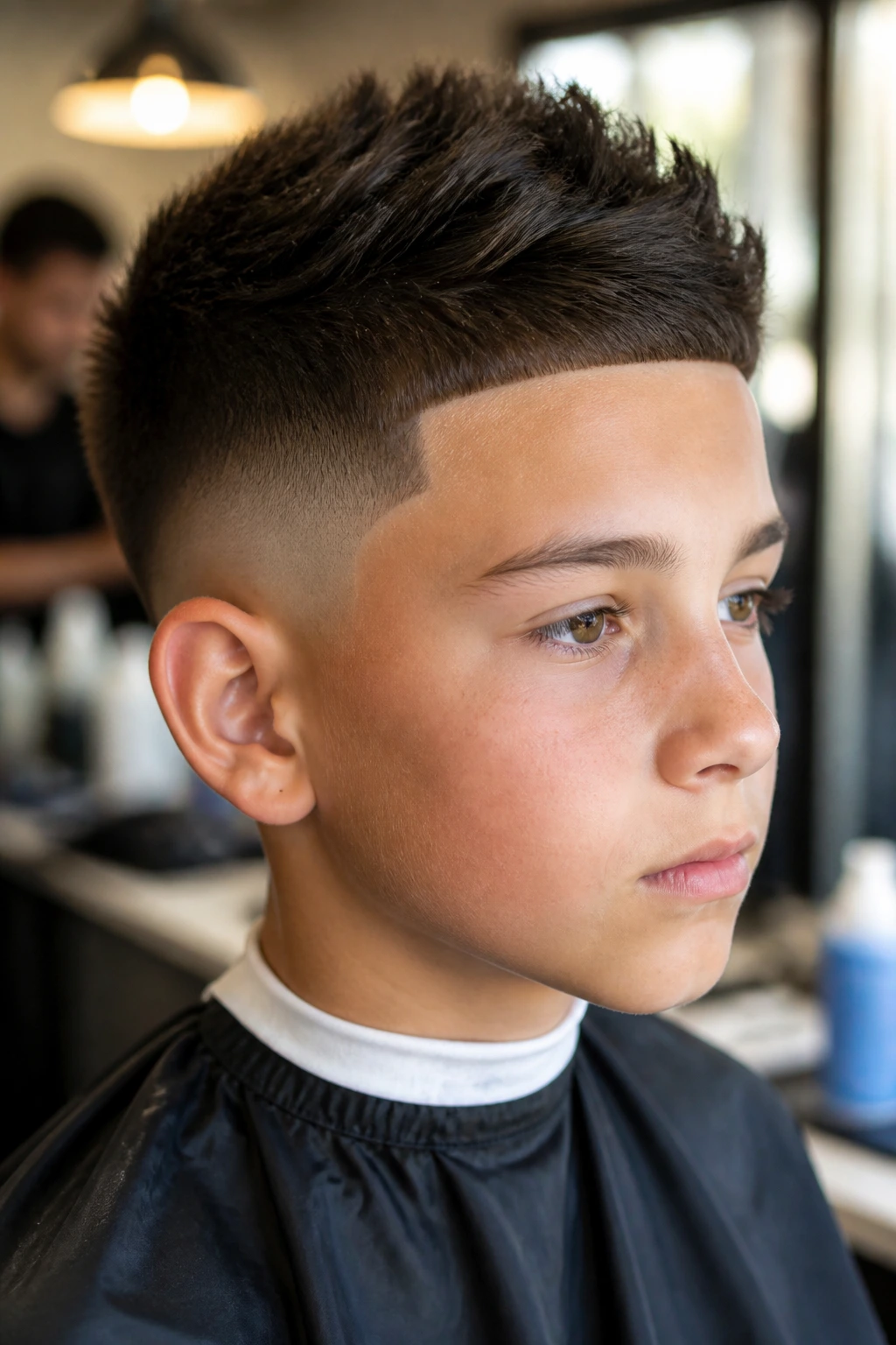 Close-up portrait of a real boy showing a clean line-up Eurohawk hairstyle with crisp edges and textured top in a warm barbershop setting.
