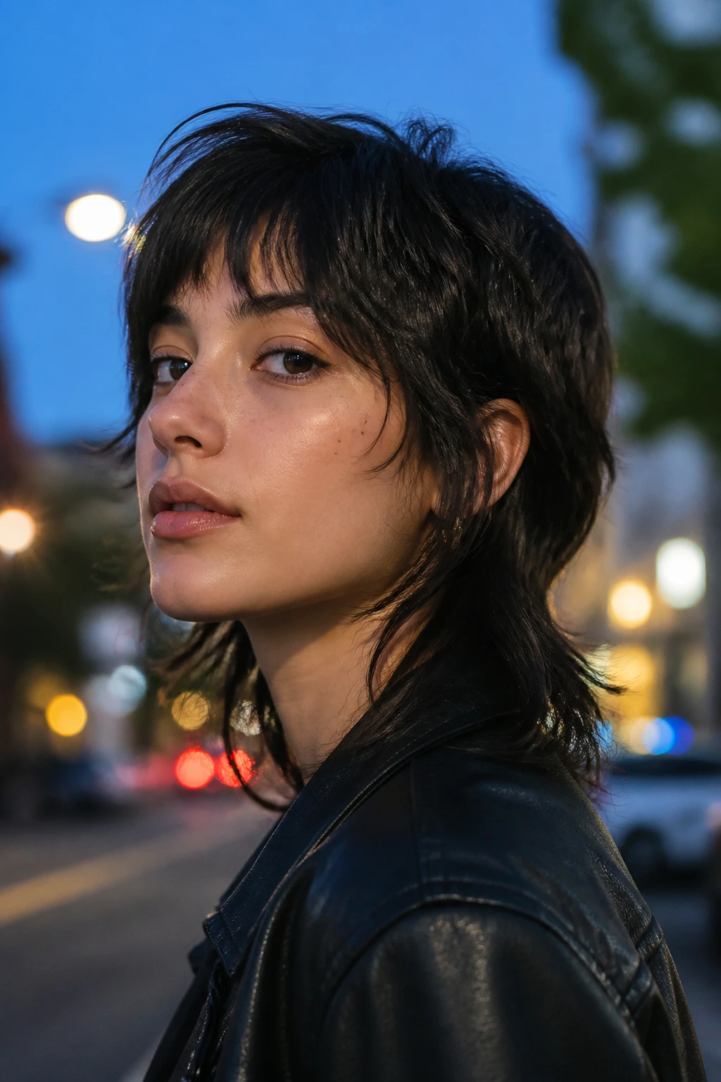 Medium-close portrait of a real woman with clean-perimeter mullet wolf cut at blue hour