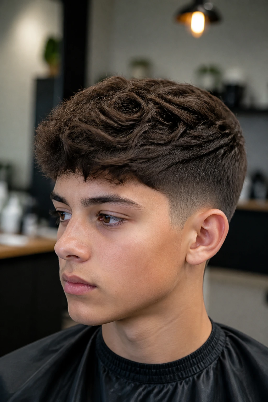 Teen with neat textured top and soft taper in barber chair