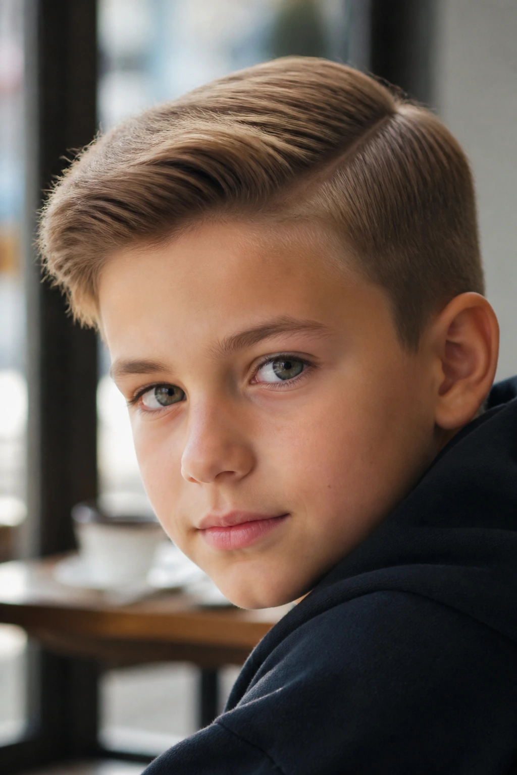 Portrait of a boy with clean side part hairstyle in a cafe setting.