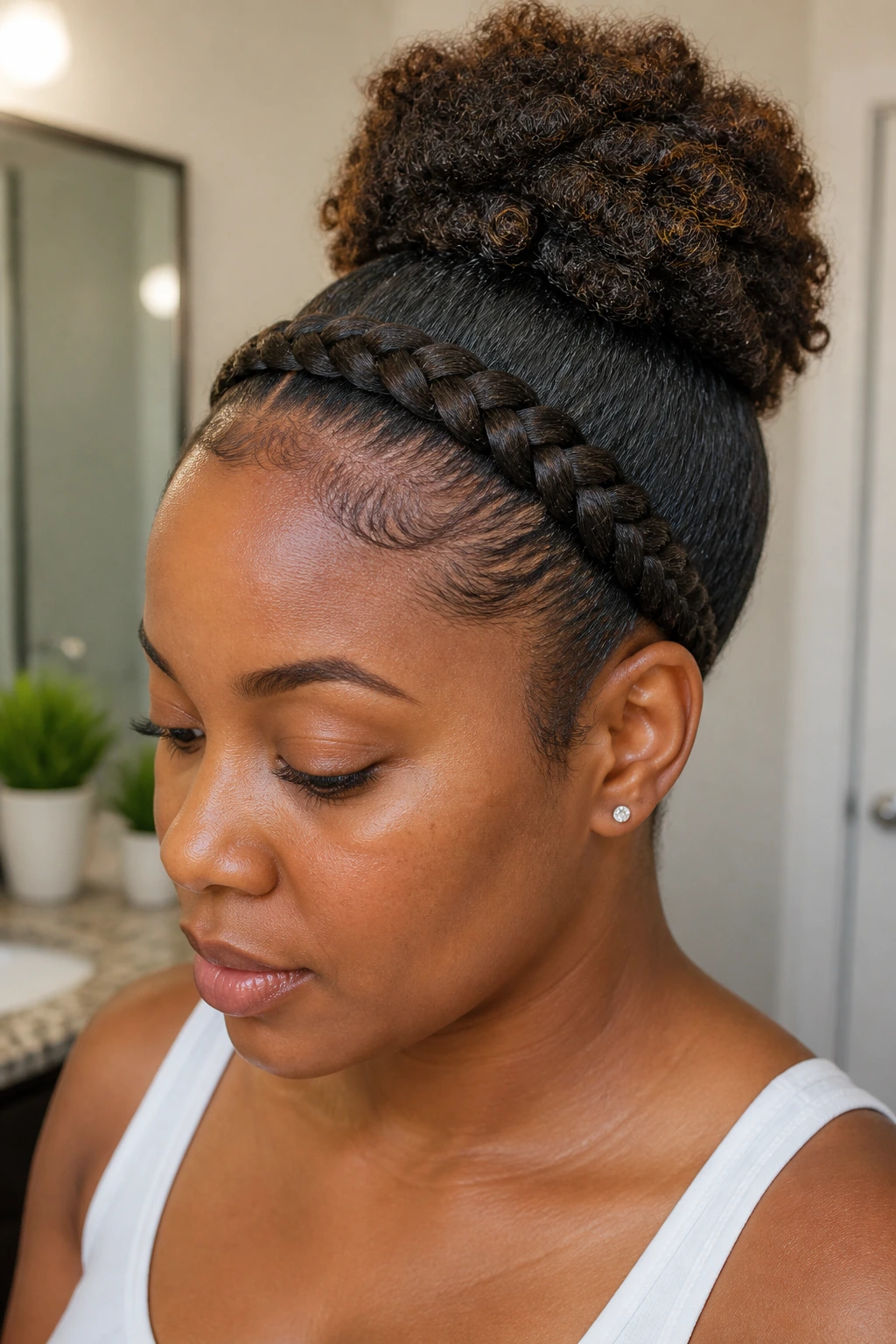 Close-up of a real woman with a clean-finish braided headband.