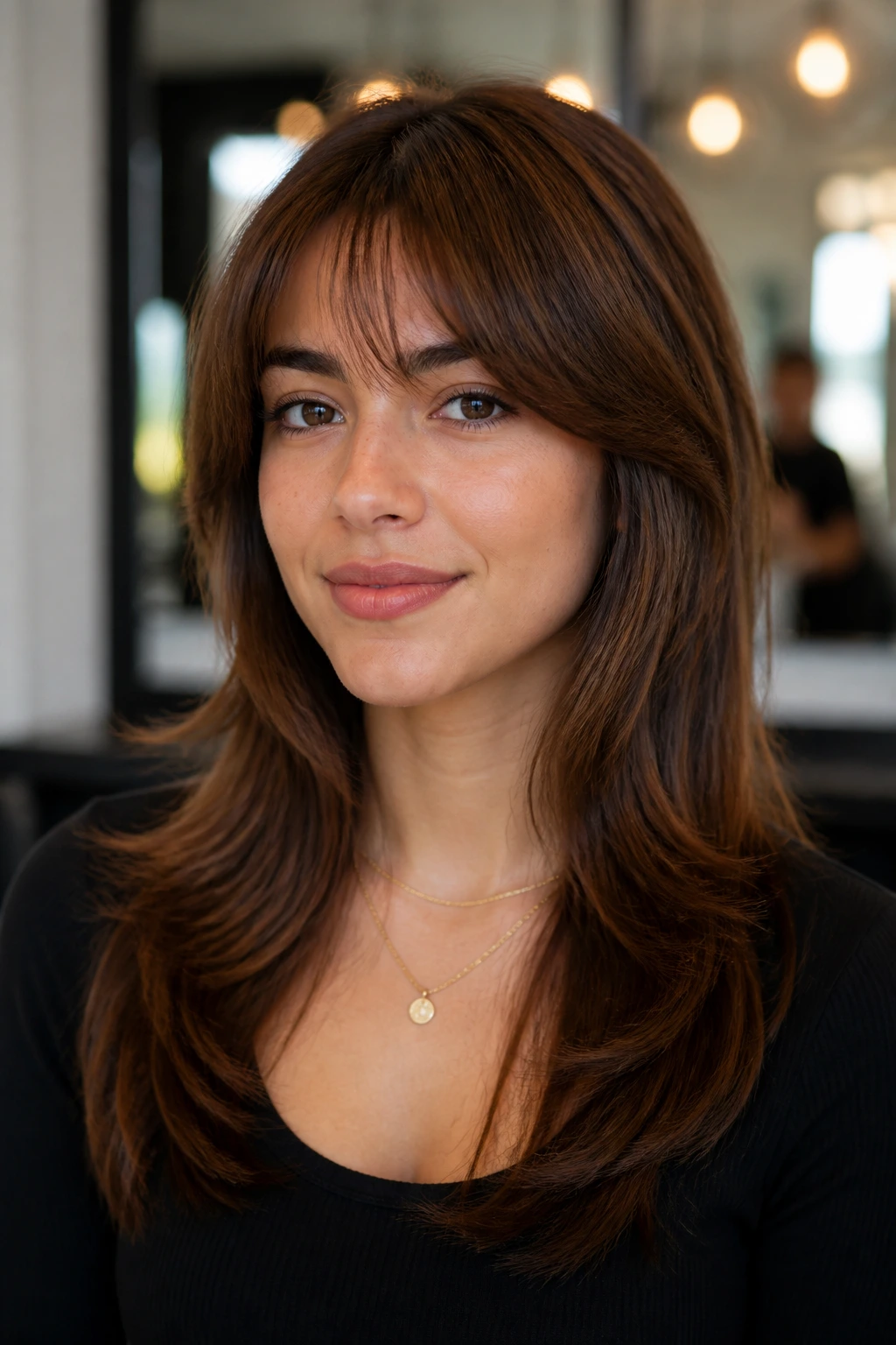 Close-up of a real person with a balanced cleanup cut in a salon