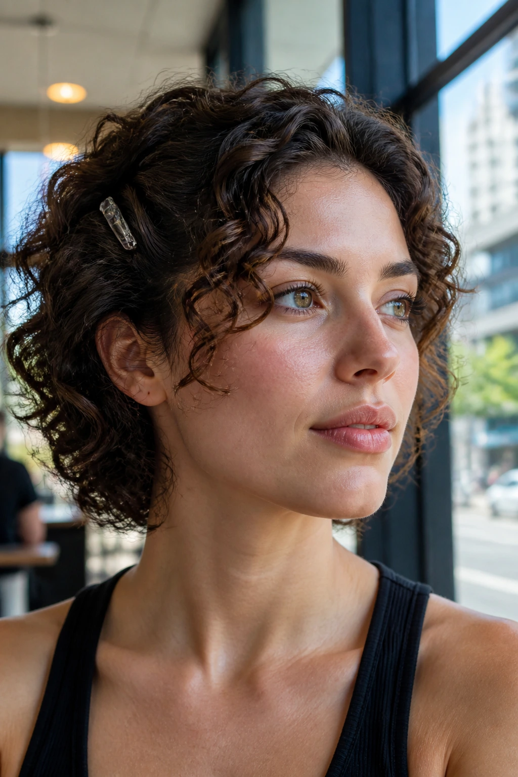 Portrait of a real woman with front curls clipped behind the temples.