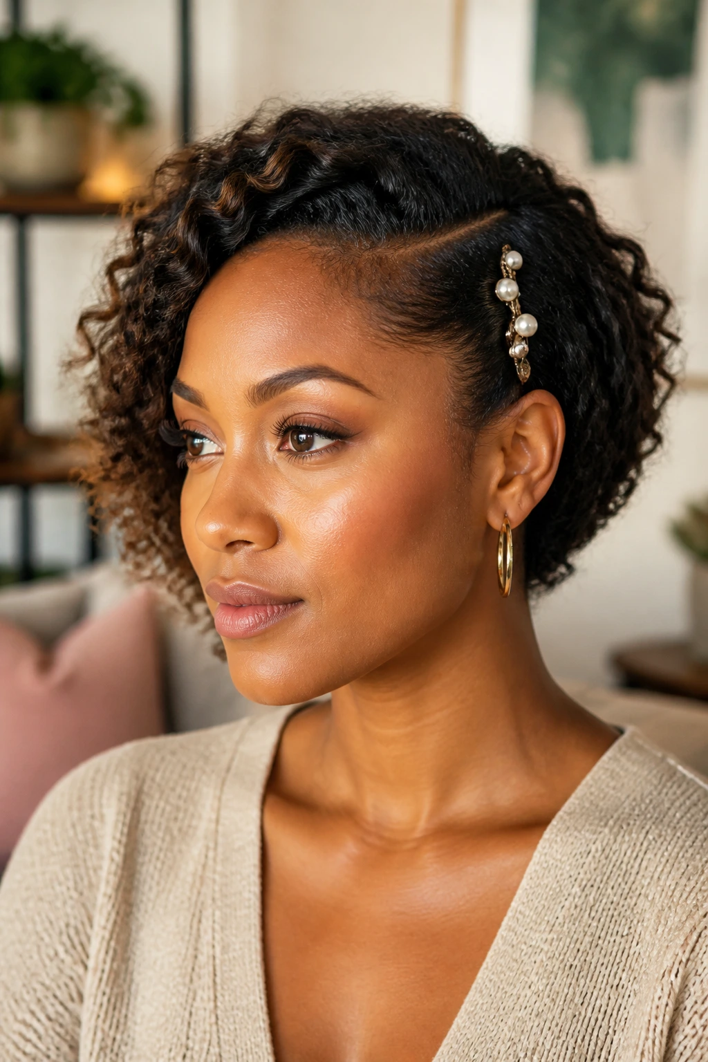 Close-up of a real woman with a side clip-back behind the ear