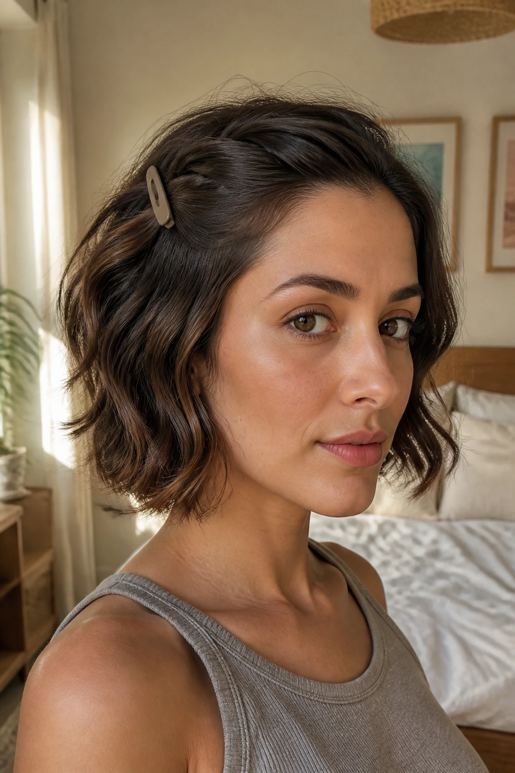 Close-up portrait of a real woman with short textured waves and a clip-back on one side