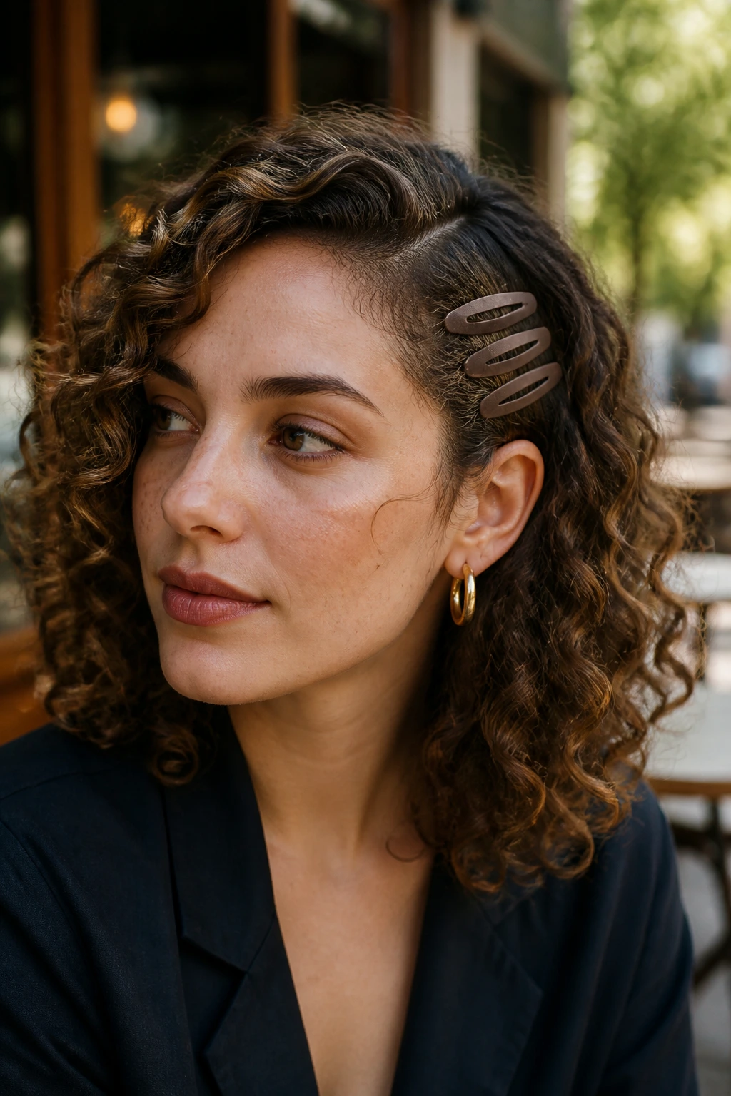 Close-up of shoulder-length curly hair with a three-clip cluster at the temple on a real woman