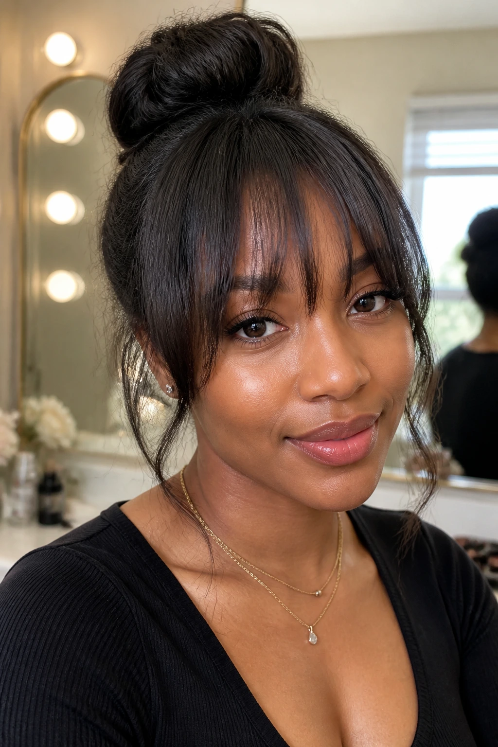 Real woman wearing clip-in bang pieces for instant fullness.