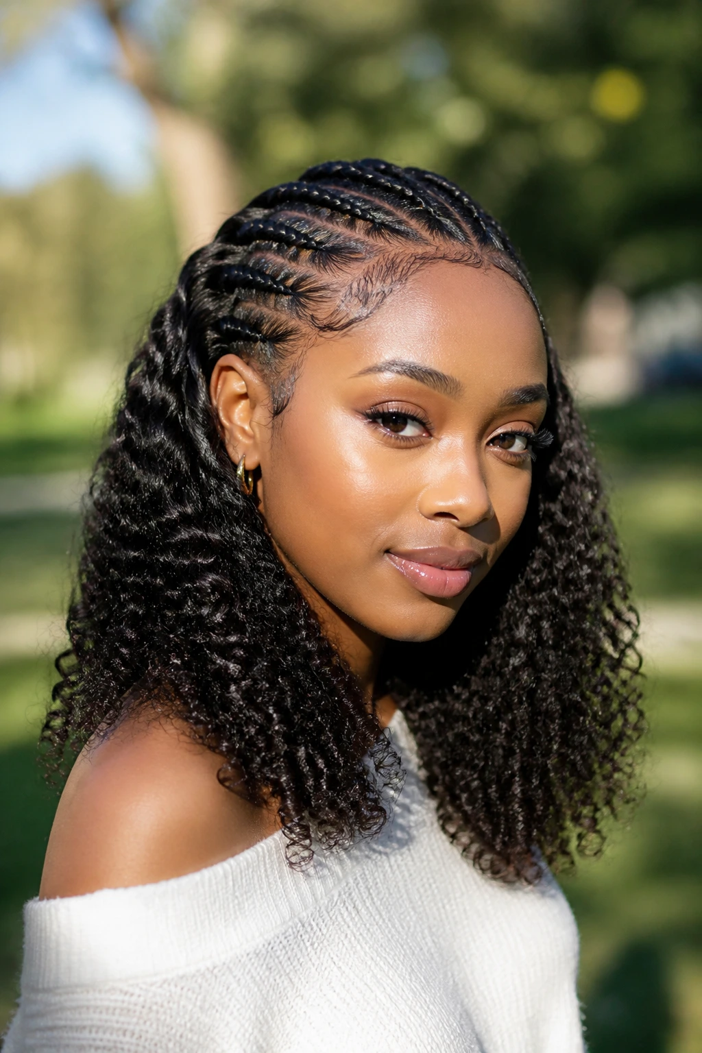 Close-up of a real woman with half braids and clip-in curly pieces for added volume