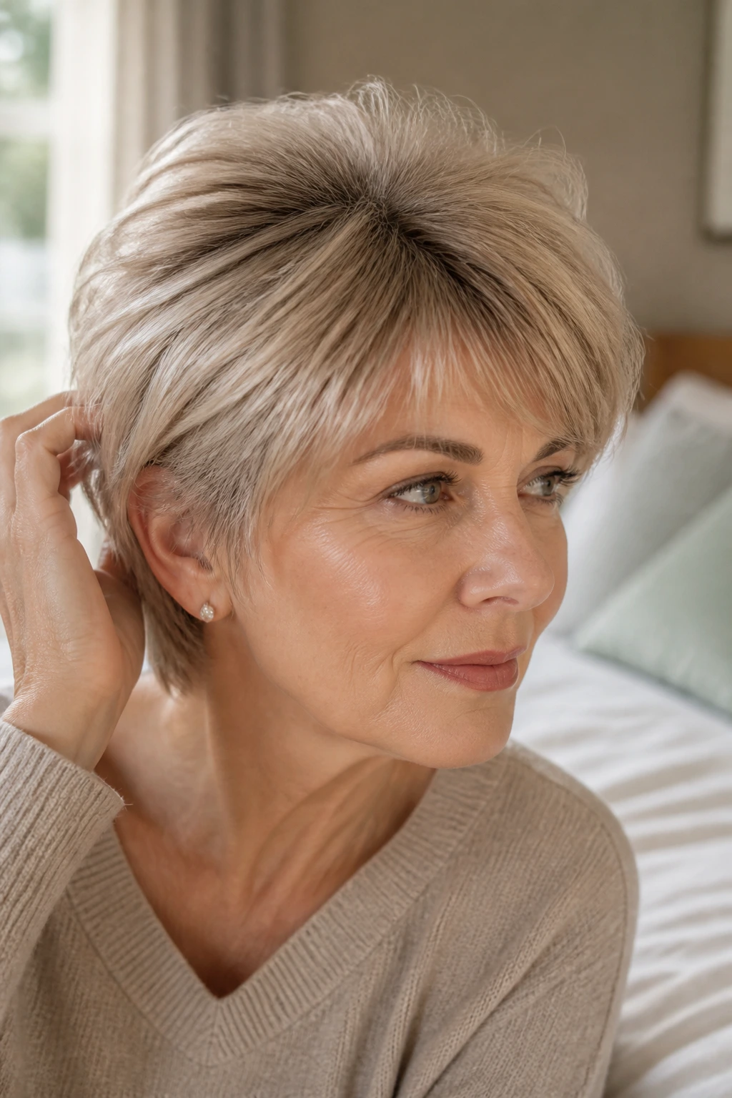 Close-up portrait of a real woman wearing minimal clip-in volume for everyday routines
