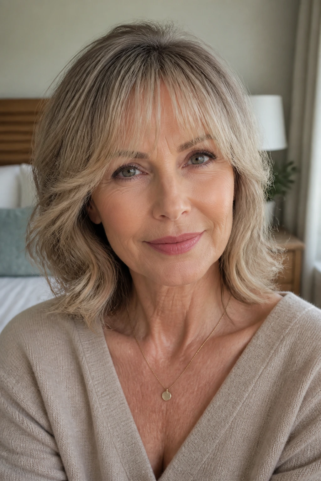Woman wearing fringe and cheekbone frame clip-ins for variation