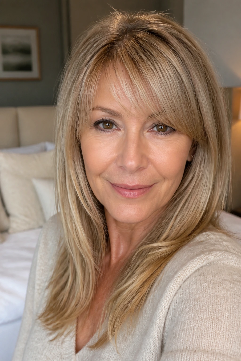 Close-up of a real woman wearing clip-in fringe blending with natural hair.