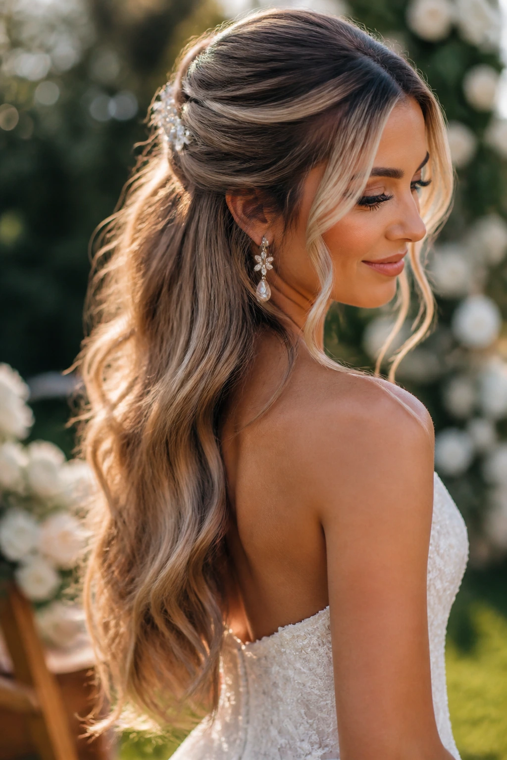Bride with clip-in length half-up hairstyle showing added length and movement.