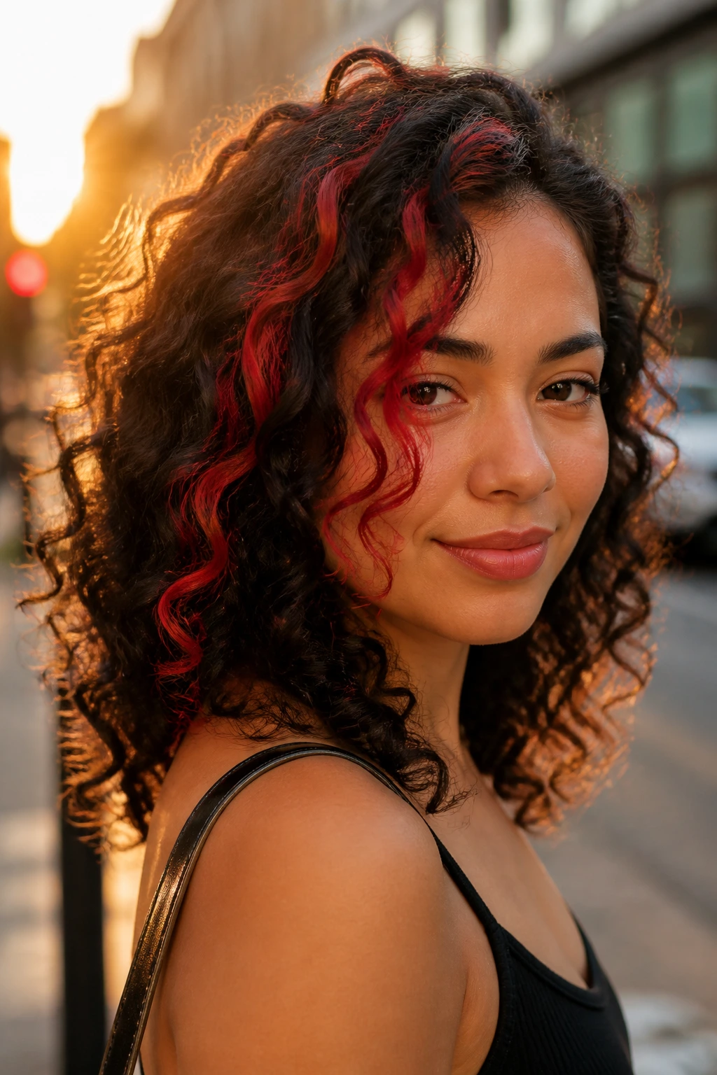 Close-up of fire-red clip-in streaks in dark curls on a real person.