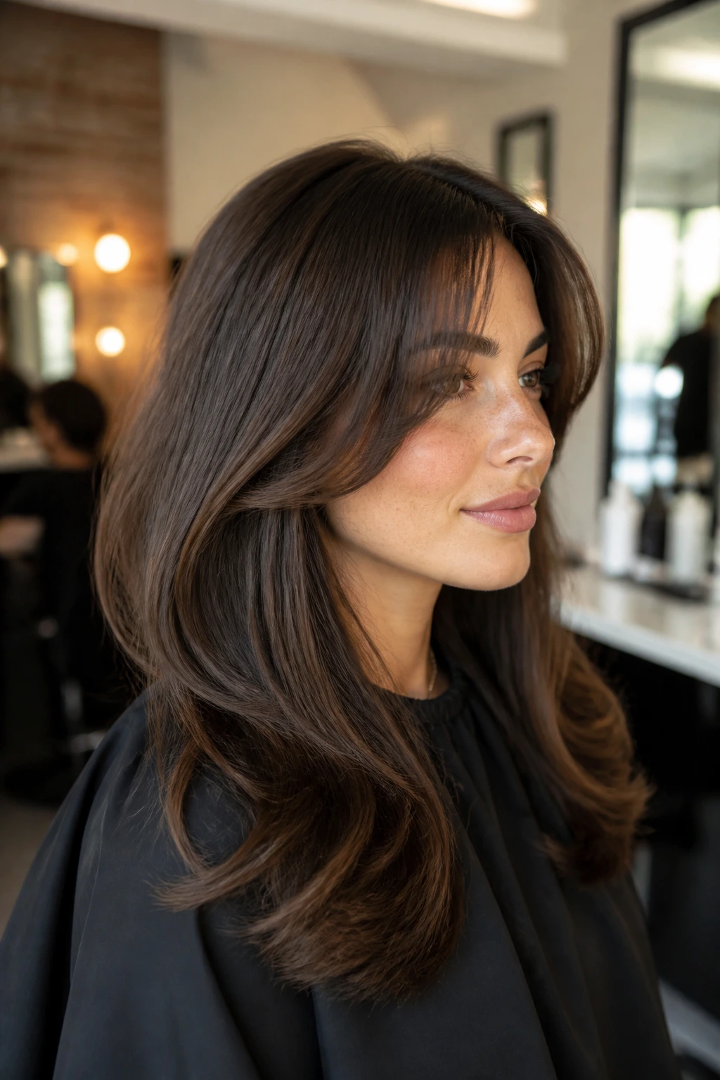 Close-up portrait of a real woman in a salon showing clip-in volume with wide curtain bangs framing the cheeks