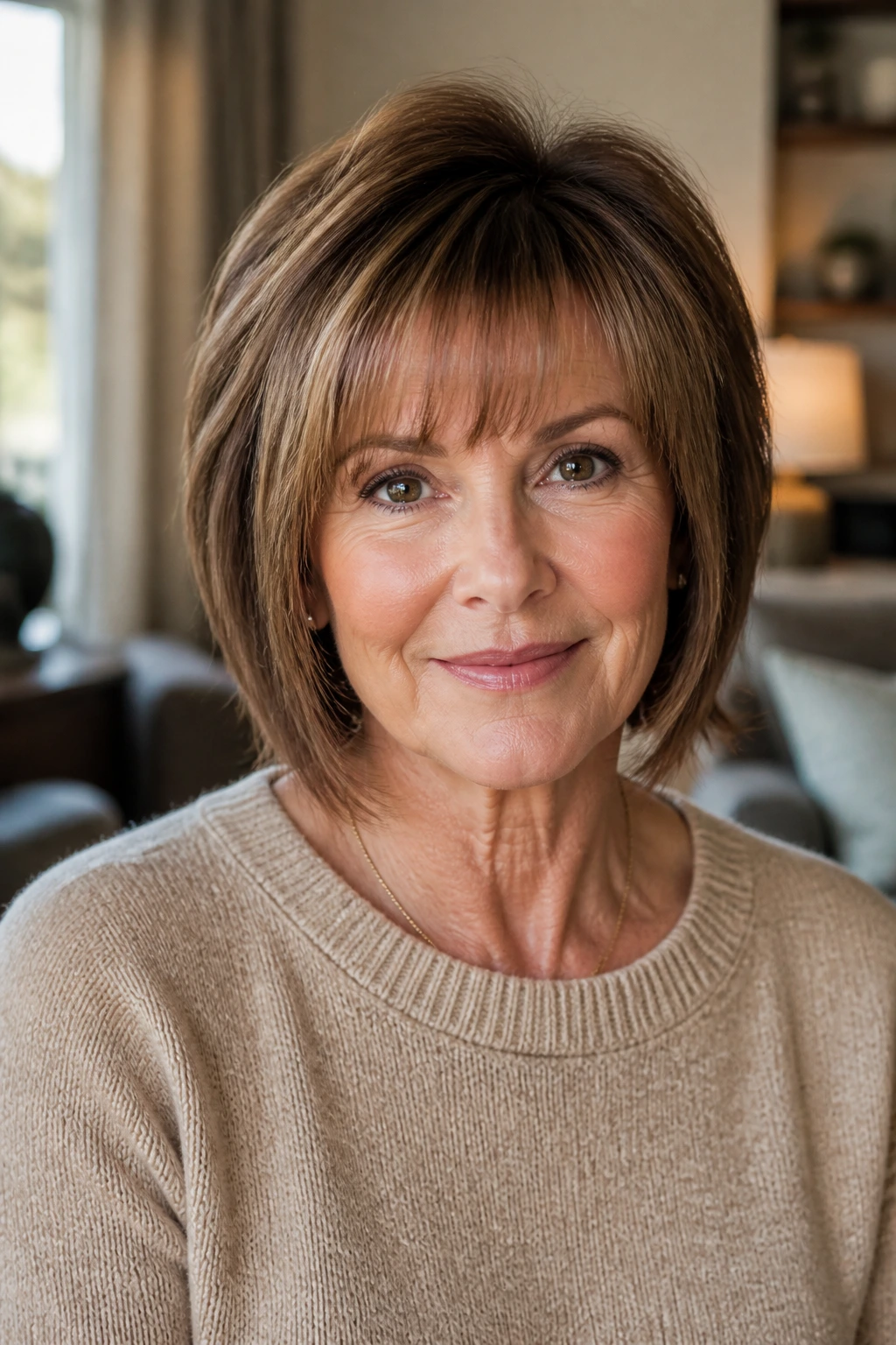 Portrait of a real woman wearing fringe-and-frame clip-ins for variation