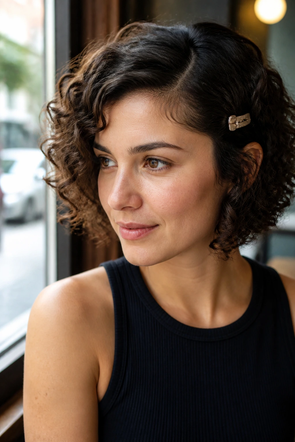 Close-up of side-swept curl with a small clip on a real woman