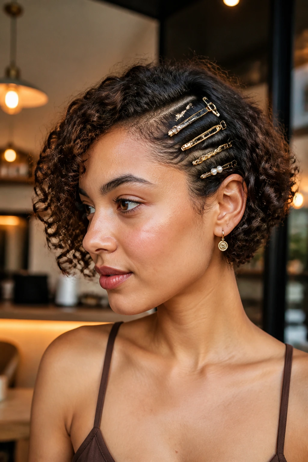 Close-up of a real woman with side-swept curls and stacked clips.