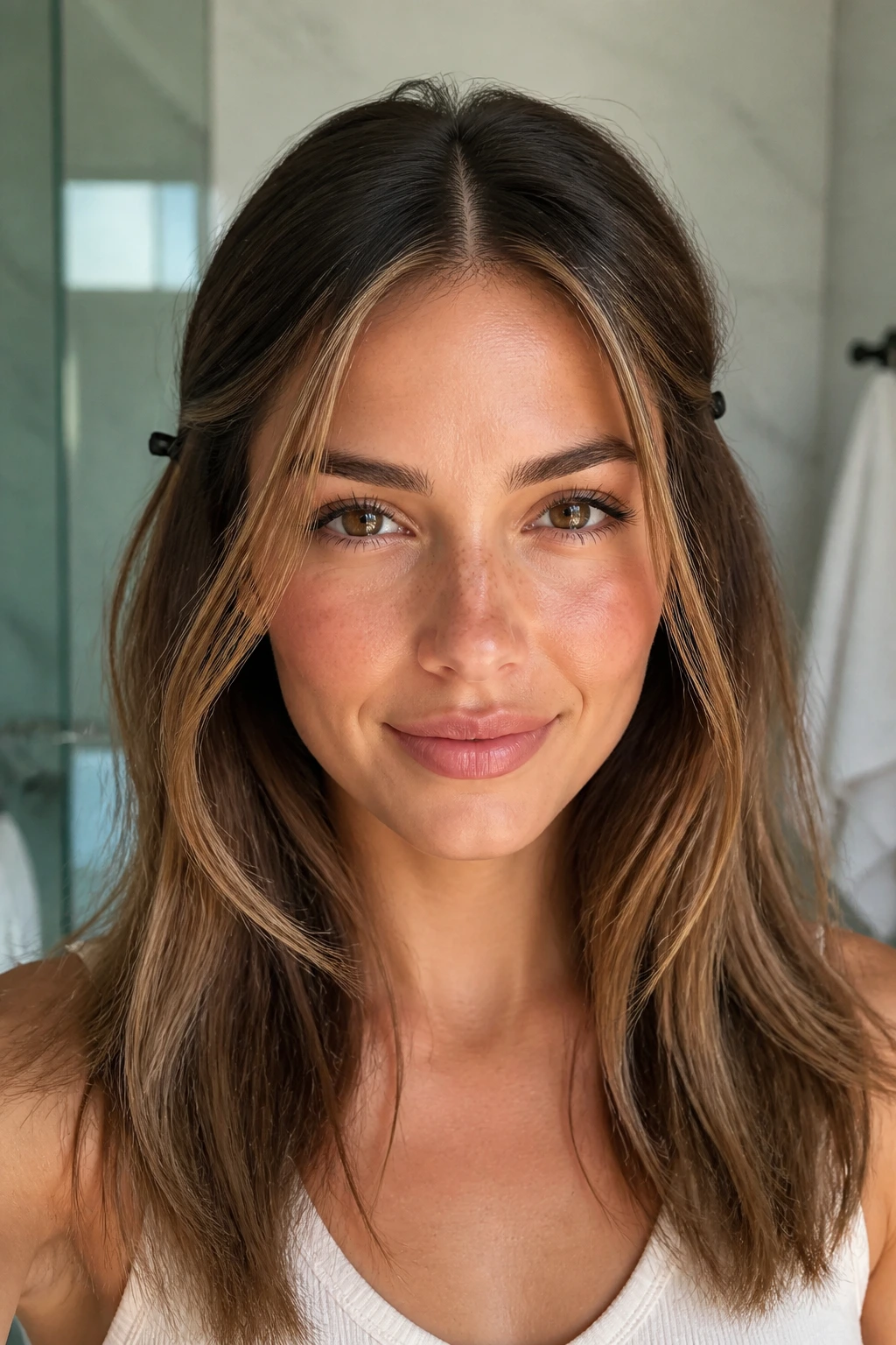 Close-up of a real woman with a center-parted hairstyle clipped back behind the ears.