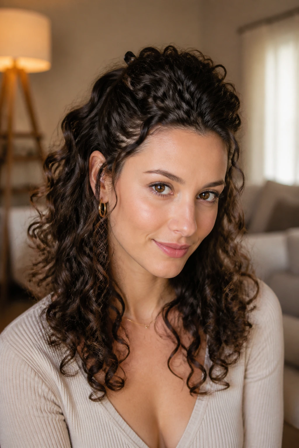 Close-up of clipped-back crown with loose ends on shoulder-length curls