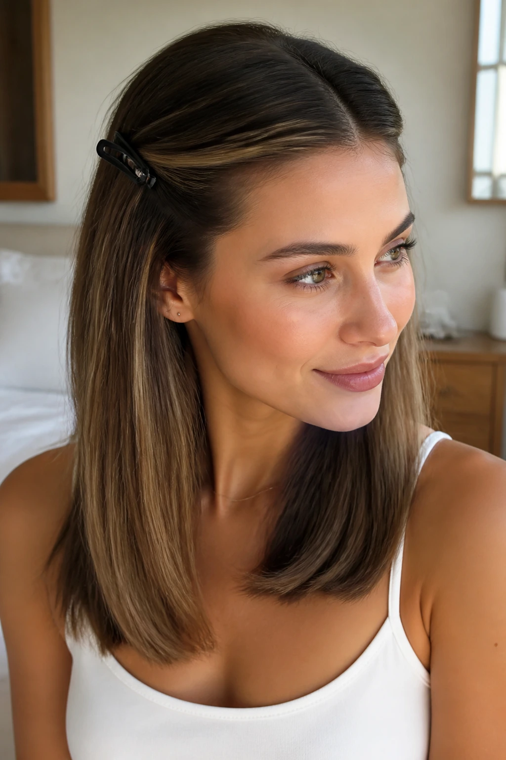 Close-up of a real woman with a clipped-back crown on straight lengths.