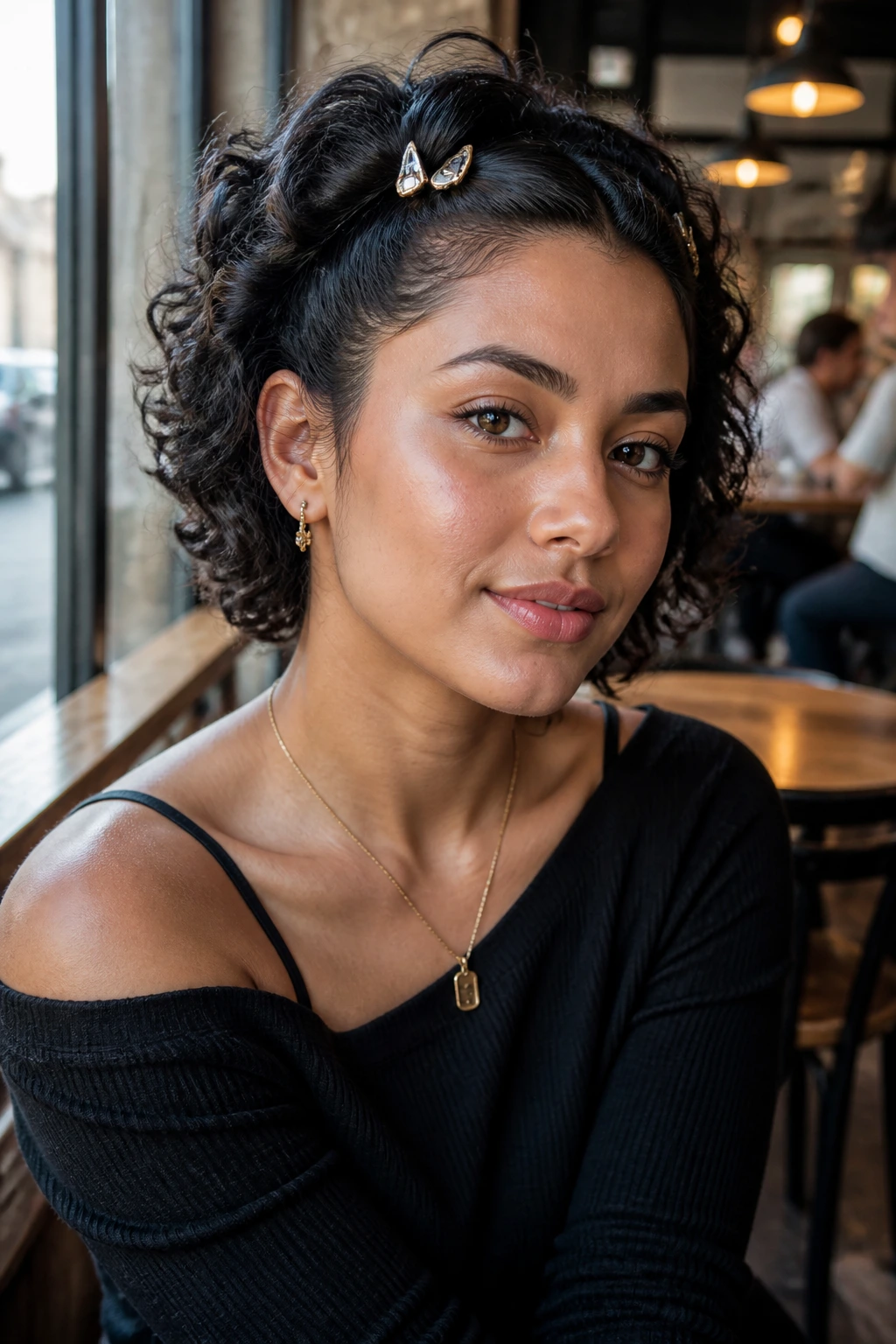 Close-up of a real woman with clipped-back fringe and defined sides