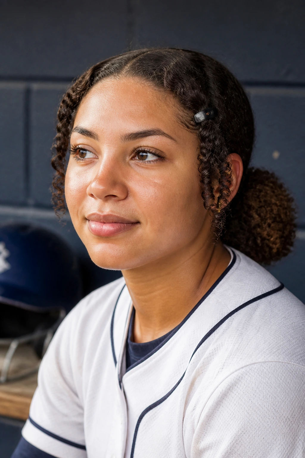 Close-up of clipped-back front curls and low puff on real softball player