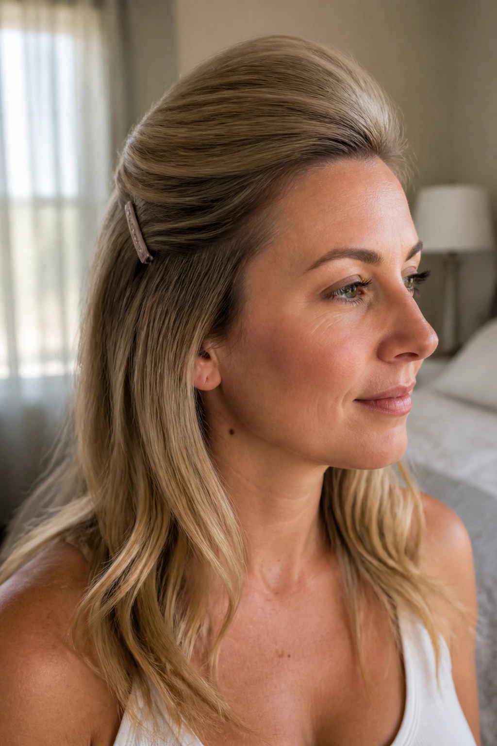 Close-up of a real woman with a clipped-back front pouf in soft morning light.
