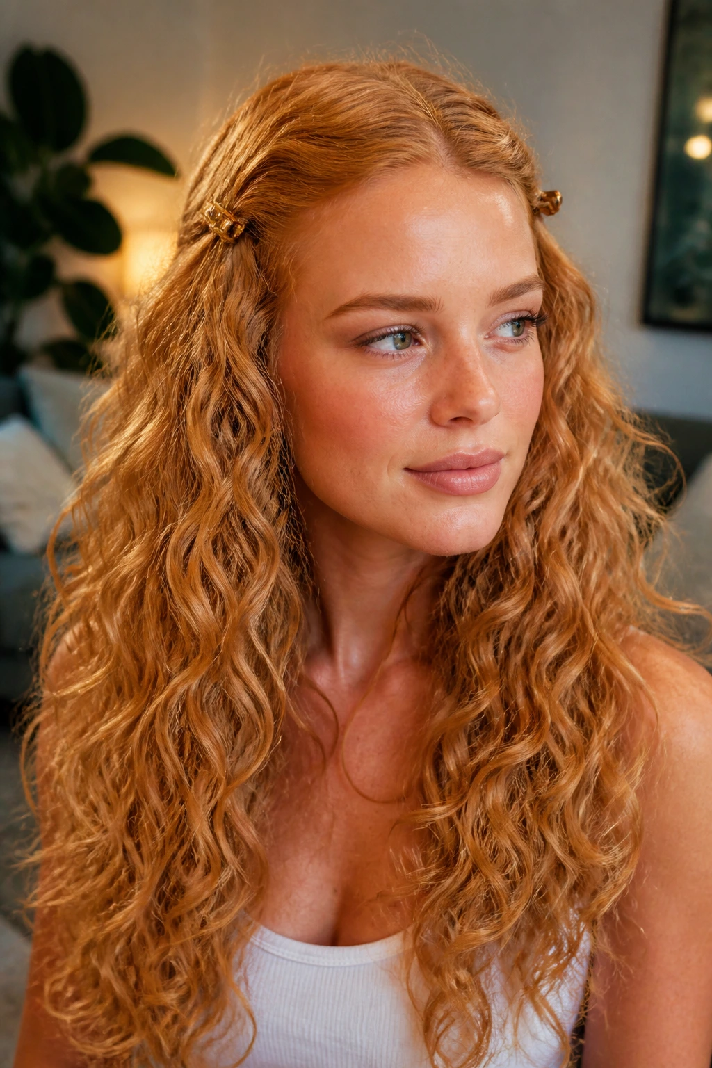 Portrait of a woman with clipped-back sides in curly strawberry blonde hair