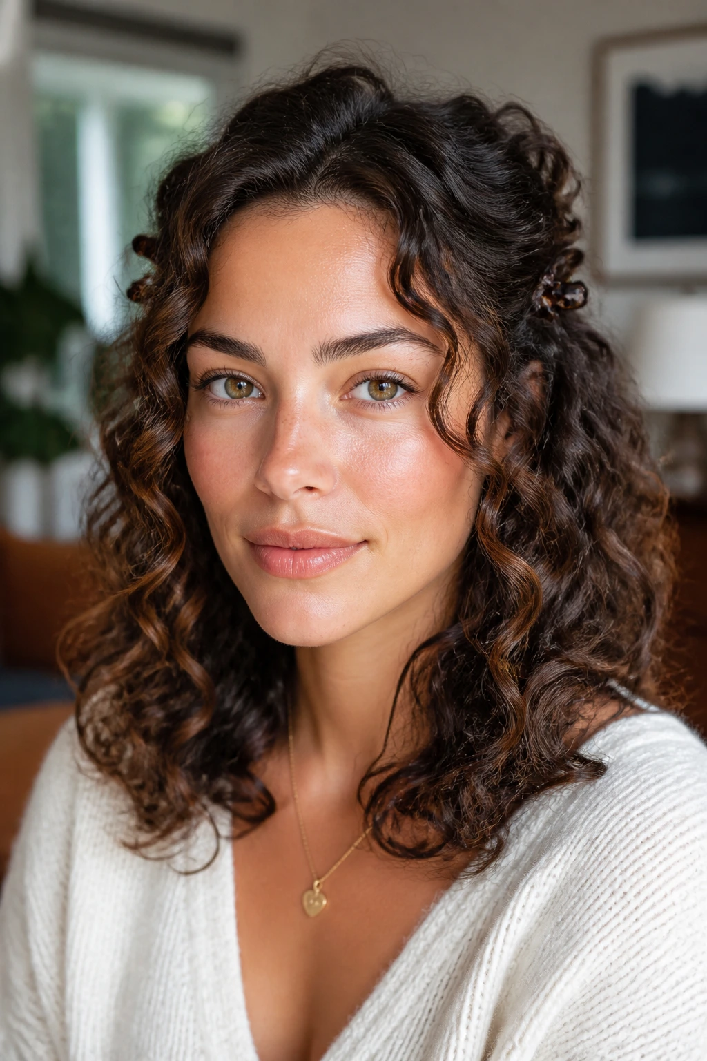 Close-up portrait of a real woman with clipped-back temple sweep hairstyle and front curling frame