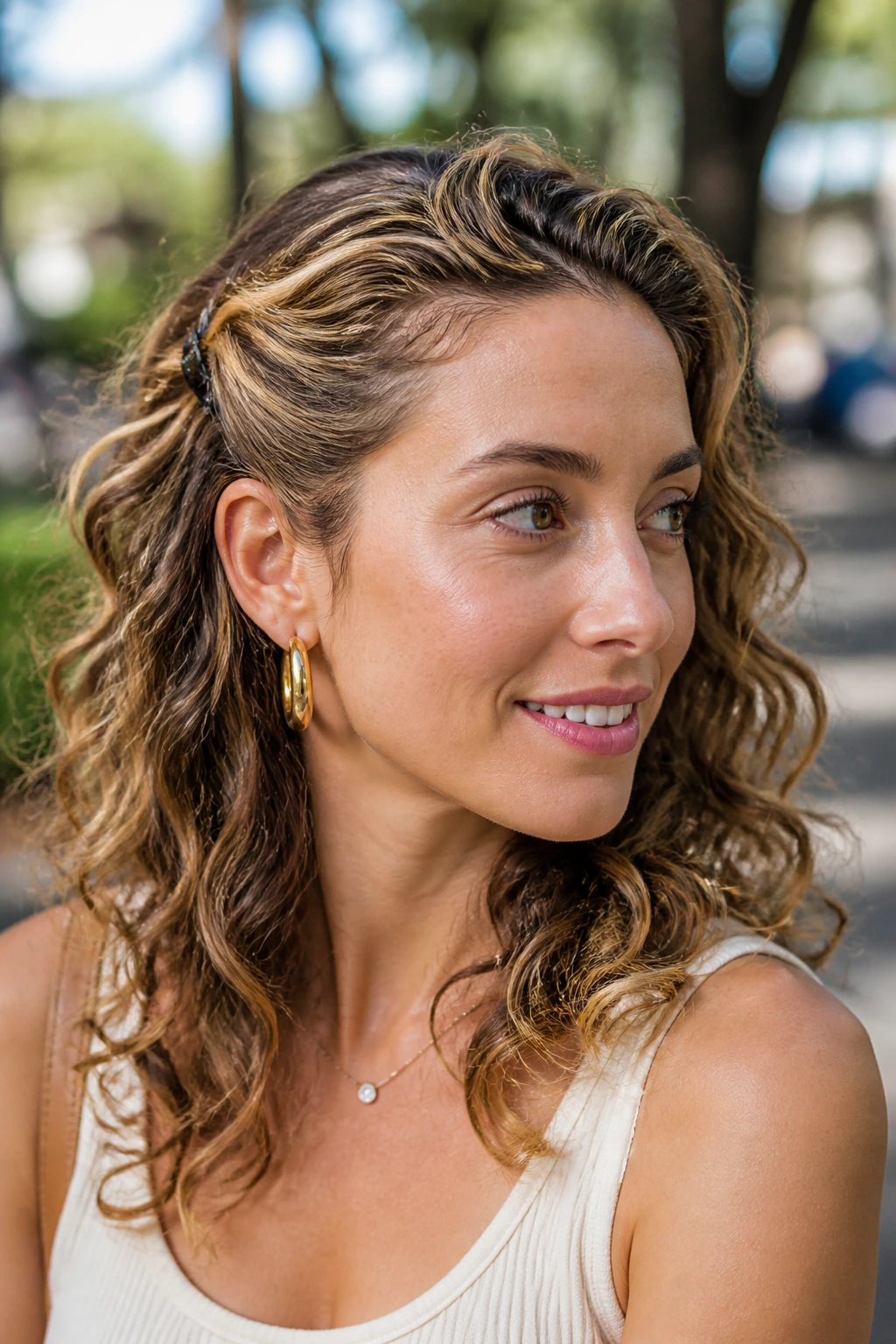 Close-up of woman with clipped-back temple sweep hairstyle
