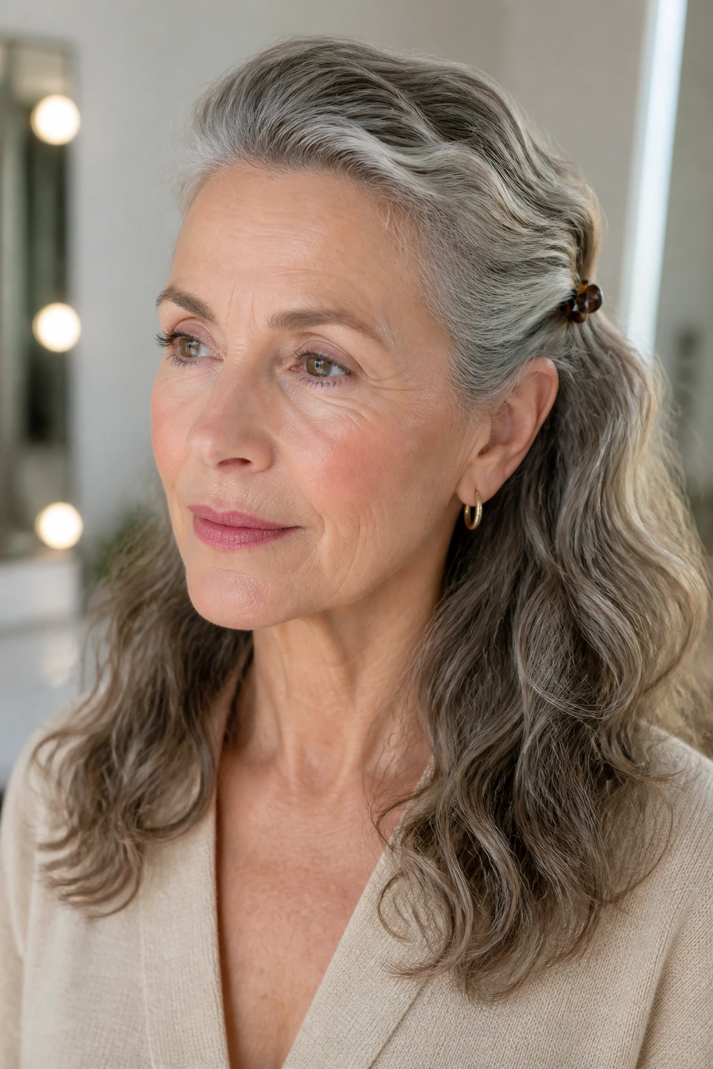 Real woman with clipped-back wave sweep secured by a simple clip