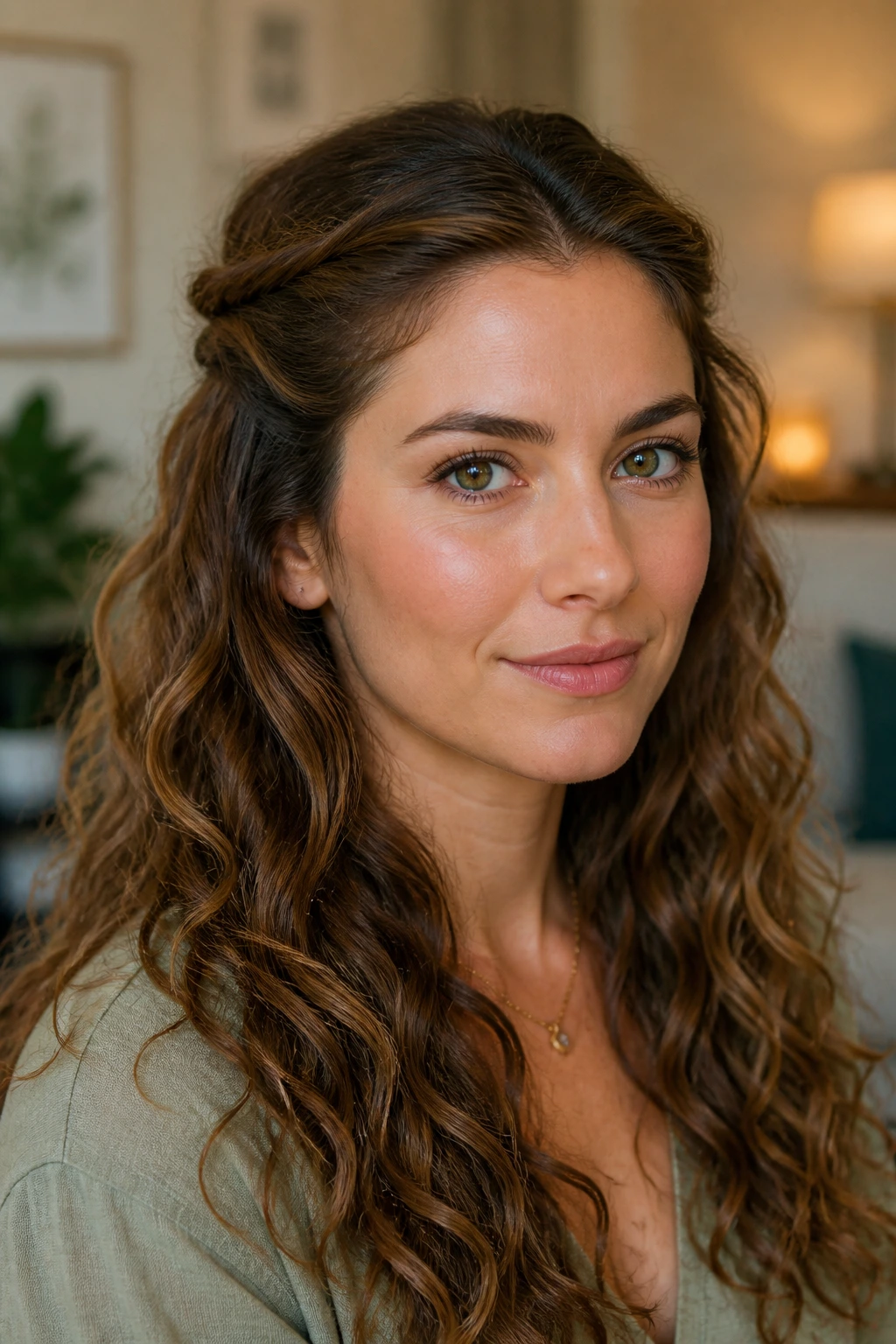 Close-up of clipped-back crown open waves hairstyle on real woman