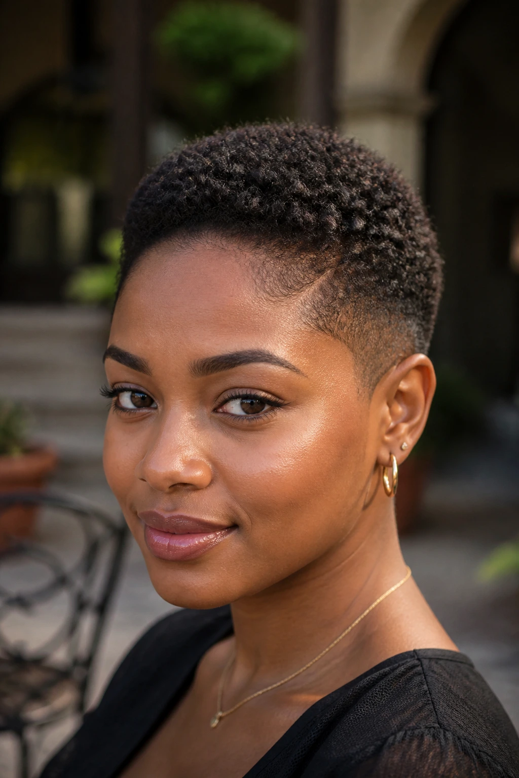 Close-up of a real Black woman with a clipped natural crop showing coil texture