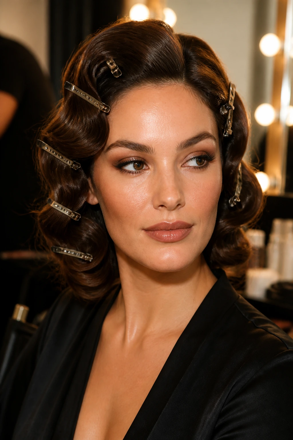 Close-up of a real woman with clipped red-carpet waves and cooling clips securing the shape.