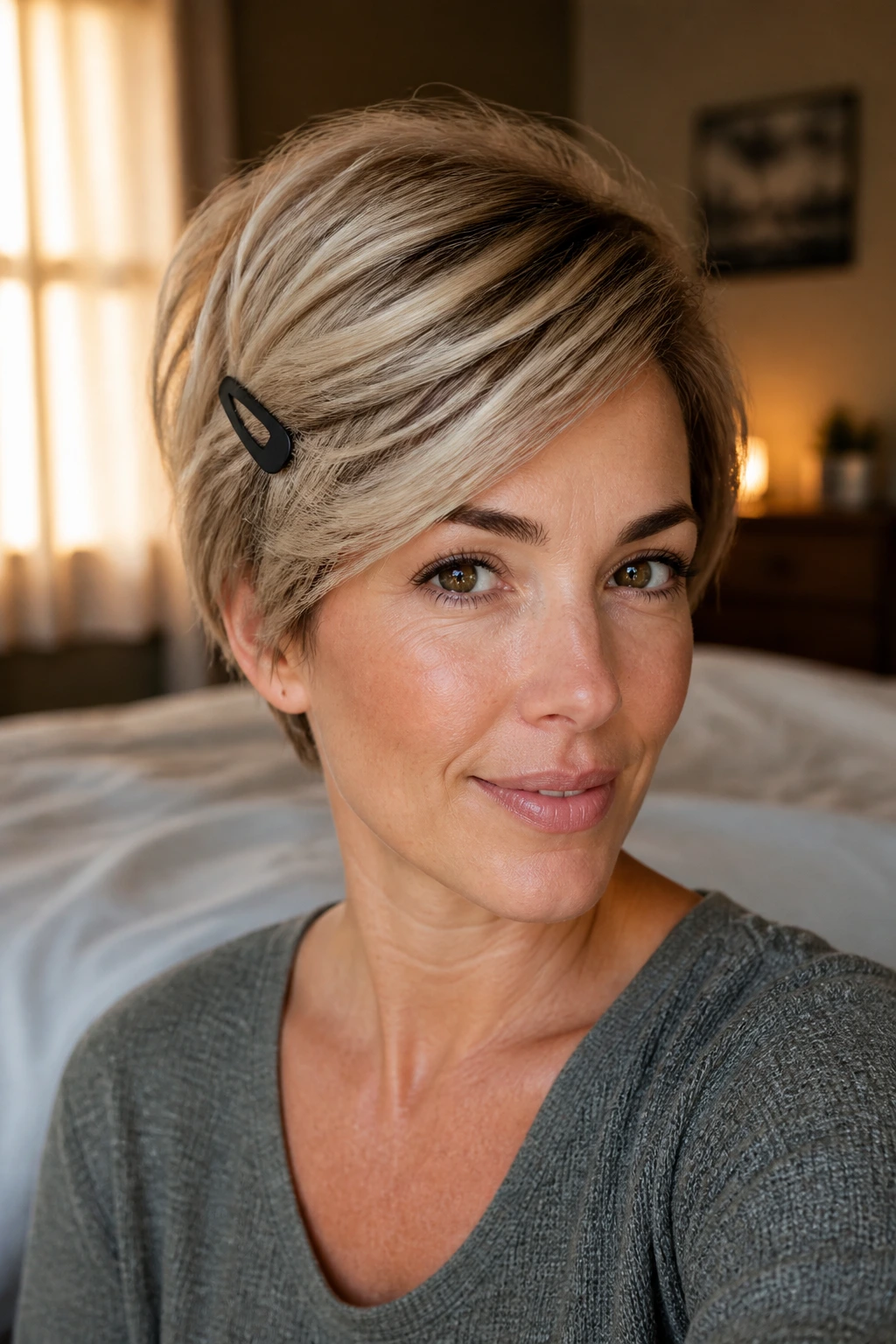 Close-up of a real woman with a clipped side sweep hairstyle and a matte clip