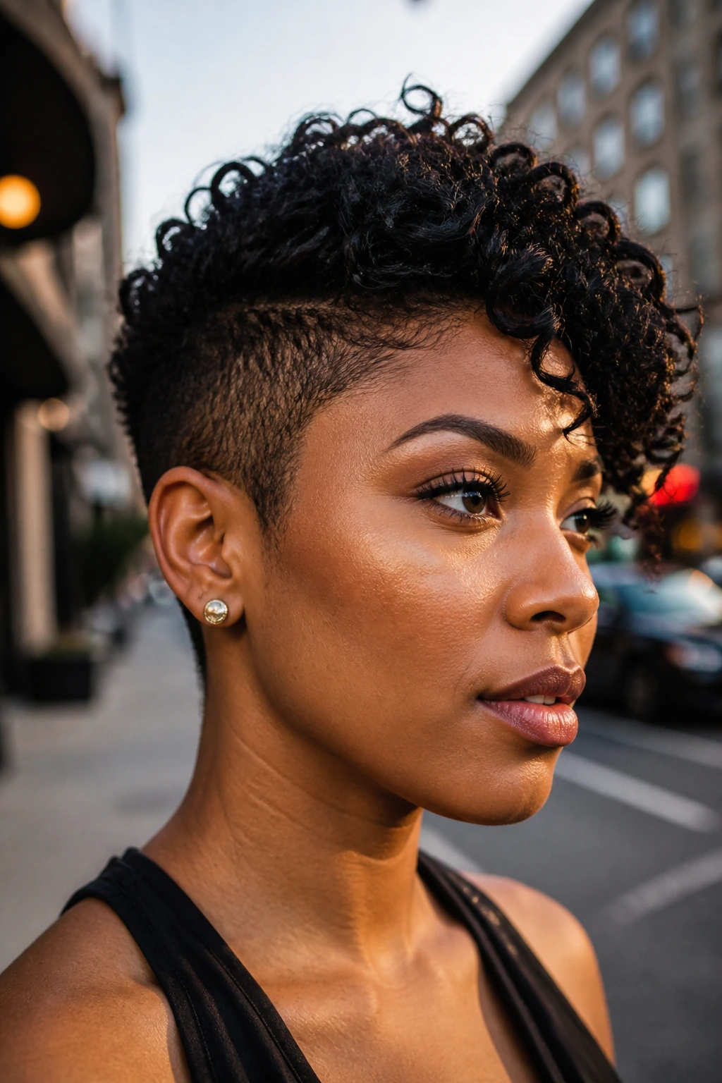 Close-up of a real Black person with clipped sides and a longer crown in urban light